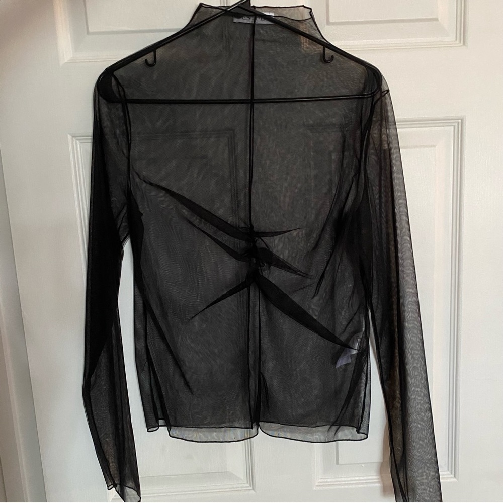 Esthé Sheer Black Mesh Long Sleeve Top with Ruched Chest & Mock Neck Size Large